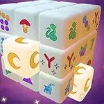 様々なイラストが描かれたカラフルなキューブの3Dパズルが浮かんでいる。