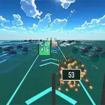 青空の下、海上に複数の数字と矢印が配置された未来的なランニングコース。