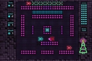 ネオンピンクと青の迷路の中でクリスマスツリーの装飾とタンクが配置されたレトロスタイルのビデオゲーム画面。