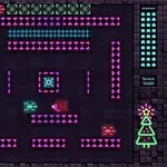 ネオンピンクと青の迷路の中でクリスマスツリーの装飾とタンクが配置されたレトロスタイルのビデオゲーム画面。