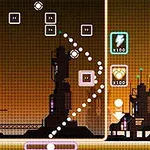 ボールがドットパターンを描きながらスクリーン上でブロックに当たる未来的な都市の背景。