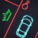 ネオン風の車、王冠、爆弾、星が描かれたデジタルアート。