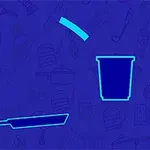 青い背景にフライパン、コップ、棒の輪郭が描かれているイラスト。
