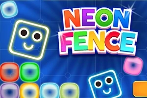 ネオンカラーの背景に、笑顔の四角いキャラクターと「NEON FENCE」のカラフルな文字が配置されている画像。
