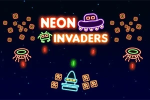 ネオンカラーで描かれた宇宙船やエイリアンが星空を背景に配置されたイラスト。