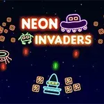 ネオンカラーで描かれた宇宙船やエイリアンが星空を背景に配置されたイラスト。