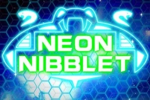 ネオンブルーの宇宙船とネオングリーンの文字「NEON NIBBLET」が描かれた、背景に青い六角形パターンの宇宙が広がるデジタルイメージ。
