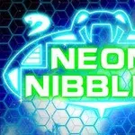 ネオンブルーの宇宙船とネオングリーンの文字「NEON NIBBLET」が描かれた、背景に青い六角形パターンの宇宙が広がるデジタルイメージ。