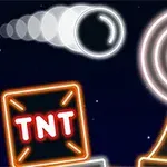 夜空を背景に、TNTのマークがある四角形と光る円盤、そして軌跡を描く白い球体が描かれています。