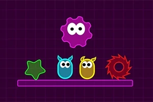 紫色の背景に星型やギザギザのキャラクターと、目のあるカラフルな形が並んでいる。