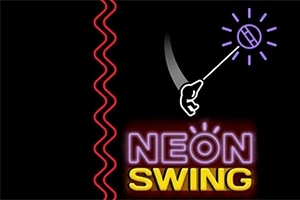 黒い背景にネオン風の赤, 紫, 黄色の波状線と「NEON SWING」という文字、手が光るボールを持っているイラスト。