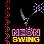 黒い背景にネオン風の赤, 紫, 黄色の波状線と「NEON SWING」という文字、手が光るボールを持っているイラスト。