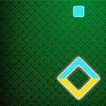 緑色の模様の背景に、青い正方形と青と黄色の線で縁取られた菱形が描かれています。
