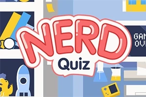 本やコンピュータゲームのアイテムが並ぶ背景に、「NERD Quiz」と書かれたテキスト。