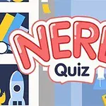 本やコンピュータゲームのアイテムが並ぶ背景に、「NERD Quiz」と書かれたテキスト。