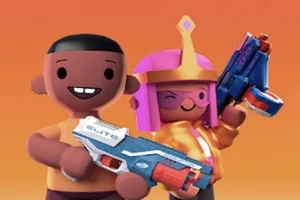 カラフルな背景の前で、おもちゃの銃を持った二人のアニメキャラクター。