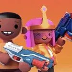 カラフルな背景の前で、おもちゃの銃を持った二人のアニメキャラクター。