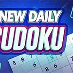 青い背景に「NEW DAILY SUDOKU」と書かれた文字と数独の数字パズルの一部。