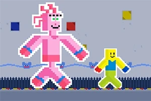 ピクセルアートスタイルで描かれたピンクのキャラクターと黄色のキャラクターが並んで歩いている。