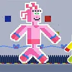 ピクセルアートスタイルで描かれたピンクのキャラクターと黄色のキャラクターが並んで歩いている。