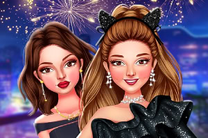 花火を背景に、黒いドレスを着た2人の女性が並んでポーズをとっているイラスト。