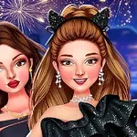 花火を背景に、黒いドレスを着た2人の女性が並んでポーズをとっているイラスト。