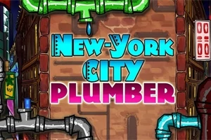 レンガの壁に「NEW-YORK CITY PLUMBER」の文字と配管が描かれたカラフルなグラフィック。
