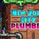 レンガの壁に「NEW-YORK CITY PLUMBER」の文字と配管が描かれたカラフルなグラフィック。
