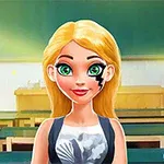 金髪の女性キャラクターが教室の前に立っている。