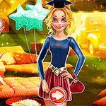 金色の背景の前に、キャップをかぶりドレスアップした女性が立っており、周囲に服や靴のアイコンが表示されています。