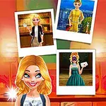金髪の女性キャラクターと彼女の異なる服装がポラロイド写真に収められているカラフルなイラスト。