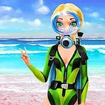 ブロンドの髪を持つキャラクターが、ビーチを背景に緑色のダイビングスーツとマスクを着用し、ピースサインをしている。