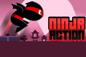 忍者が大きな月を背景にジャンプしているシルエットと「NINJA ACTION」という文字。