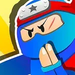 青い忍者キャラクターが祈るようなポーズをしているイラストで、赤いヘッドバンドとシルバーのアクセントがある。
