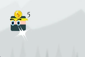 黄色いバンダナを巻いた四角いキャラクターの頭にコインが乗っている画像。