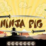 紫色のブタと緑のタコが左右に配置された和風の風景に、中央に2本の刀と「NINJA PIG」の文字があります。