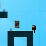 青い背景に、黒いニンジャのキャラクターがプラットフォーム上に立っている。