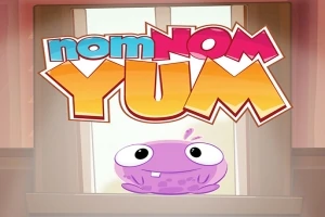 窓の前に「nomNOM YUM」のカラフルなロゴと紫色のキャラクターが描かれているイラスト。
