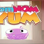 窓の前に「nomNOM YUM」のカラフルなロゴと紫色のキャラクターが描かれているイラスト。
