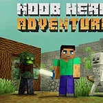 キャラクターがブロック状の緑と灰色のモンスターと並んで立っている。