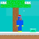 青い衣装を着たキャラクターが木のそばに立ち、雪の積もる背景の中、地面に鍵と緑のブロックがある。