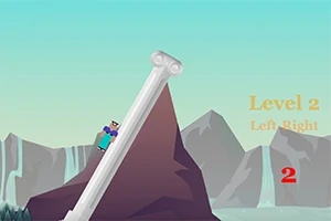 キャラクターが斜めになった柱を上っている山の風景。