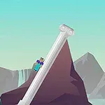 キャラクターが斜めになった柱を上っている山の風景。