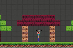 ブロックで作られた赤い屋根の下に立っているキャラクターと、周囲に緑色の木々がある。