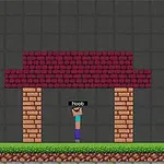 ブロックで作られた赤い屋根の下に立っているキャラクターと、周囲に緑色の木々がある。