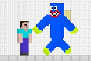 ブロック状のキャラクターが青い大きなモンスターと対峙しているシーン。