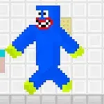 ブロック状のキャラクターが青い大きなモンスターと対峙しているシーン。