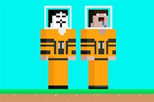 オレンジ色の宇宙服を着た2人のピクセルアートキャラクターが横に並んでいる。