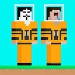 オレンジ色の宇宙服を着た2人のピクセルアートキャラクターが横に並んでいる。