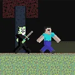 ブロック状のキャラクターが洞窟内で剣を持つクリーチャーに追いかけられている。